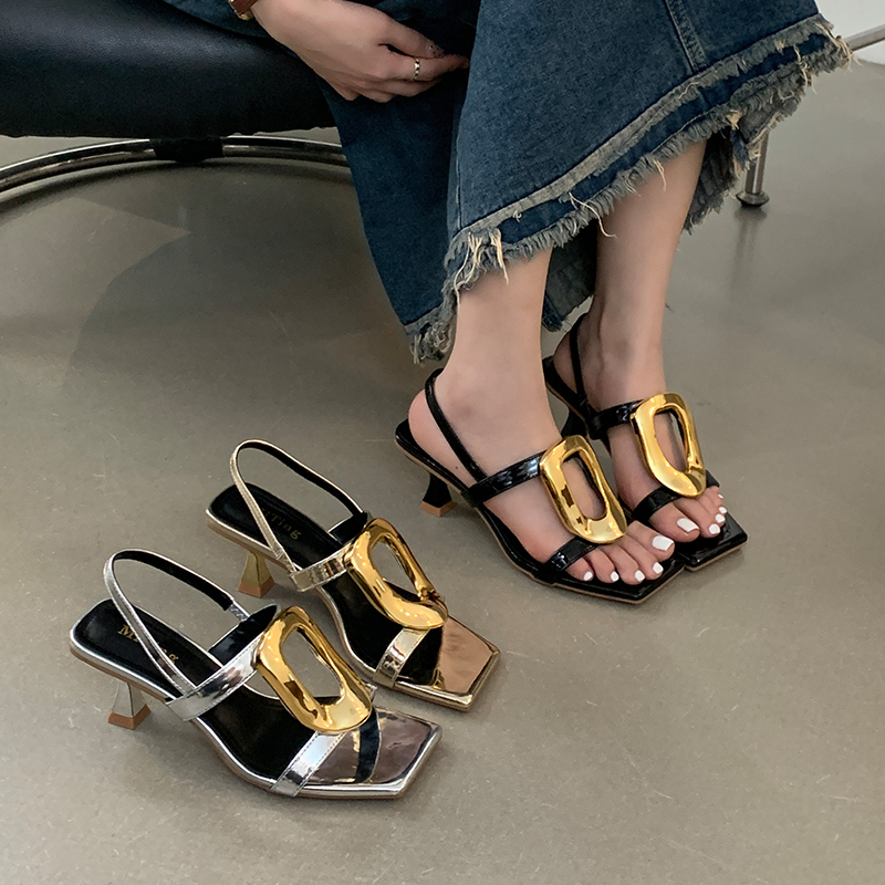 Miting 2024 New Summer French High Heel Square Buckle Fashion Strap Sandals for Women Open Toe Thin Heel