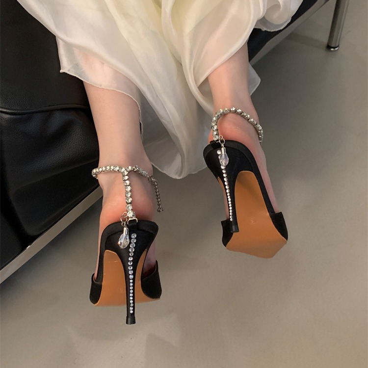 Miting Rhinestone Chain High Heel Women Shoes 2024 Spring Autumn New Pointed Toe One-Strap Sexy Thin Heel Closed Toe Sandals - Image 3