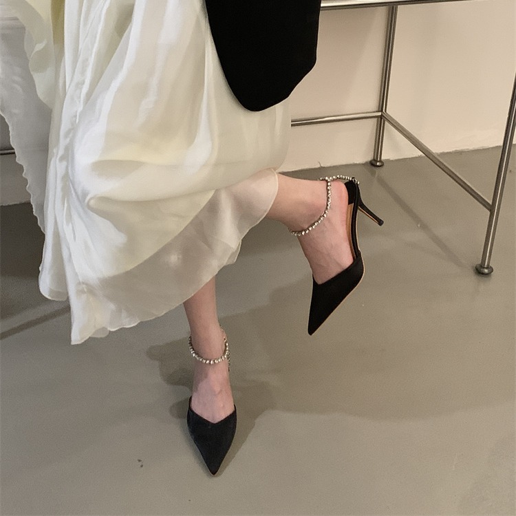 Miting Rhinestone Chain High Heel Women Shoes 2024 Spring Autumn New Pointed Toe One-Strap Sexy Thin Heel Closed Toe Sandals - Image 4