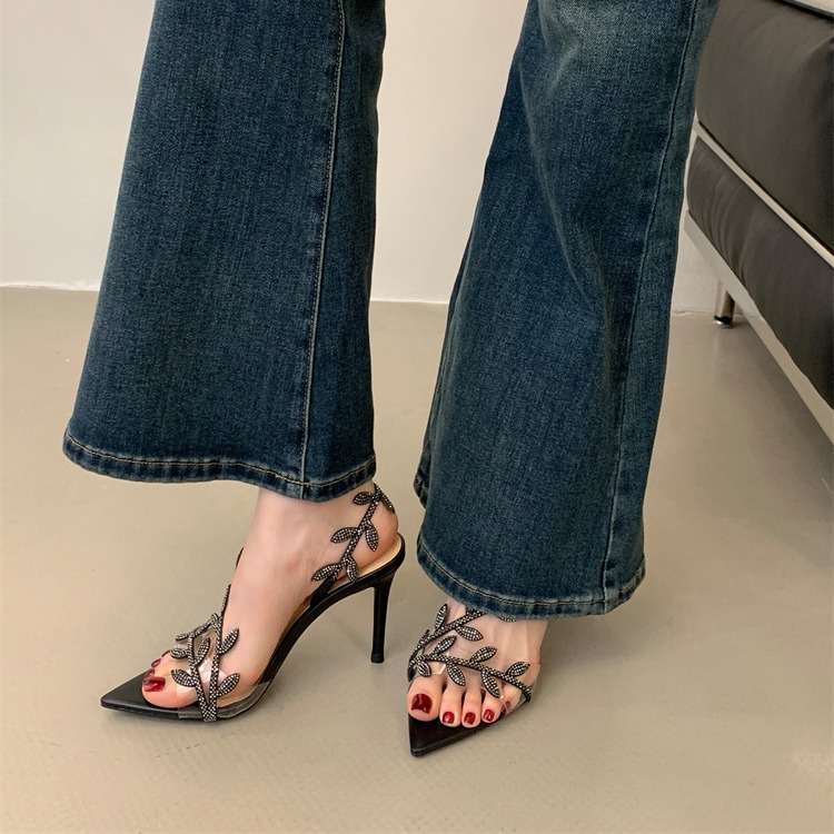 Women's Rhinestone High Heel Sandals Pointed Toe Open Toe Strap Silver Black Gold - Image 4