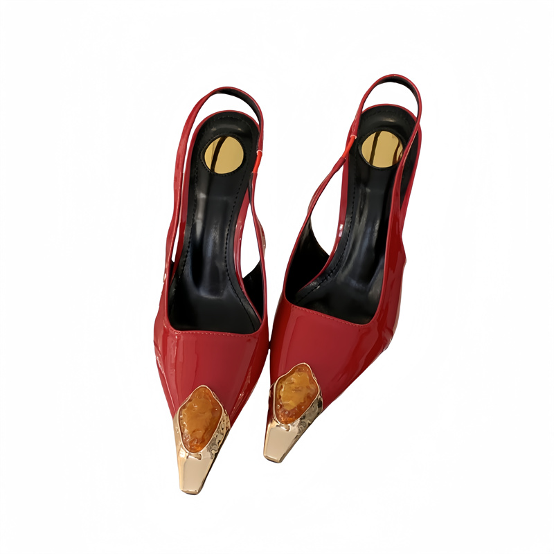 Mitin Women's High Heel Shoes 2025 New Spring Metal Square Toe Patent Leather Closed Toe Sandals Thin Heel - Image 5