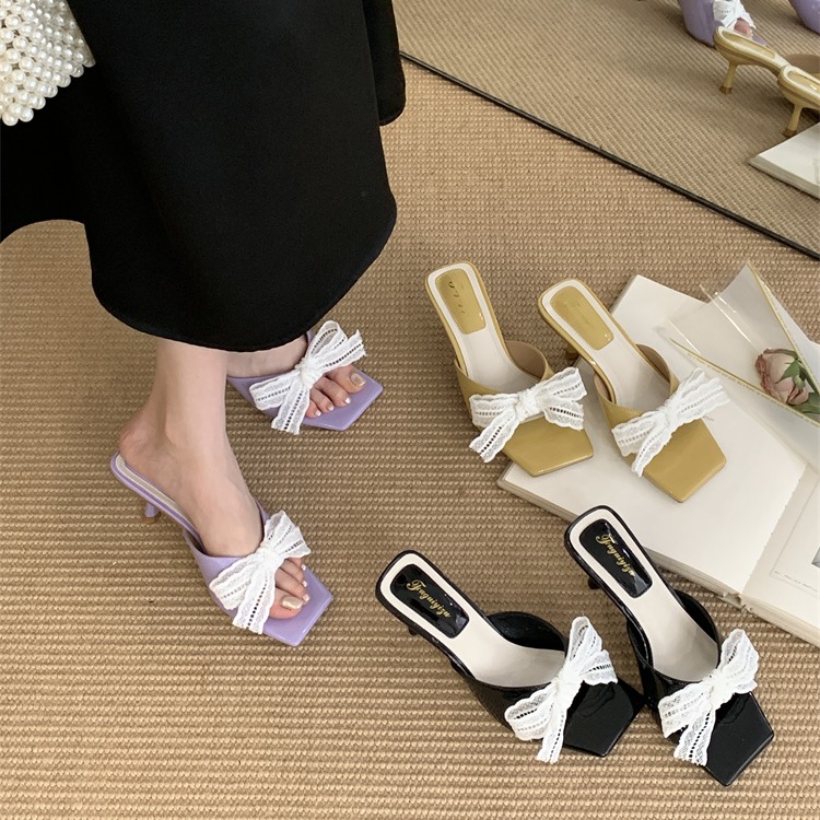 Fortune One Foot Bowknot High Heel Slippers Fairy Shoes Outdoor 2025 New Summer Thin Heel Sandals