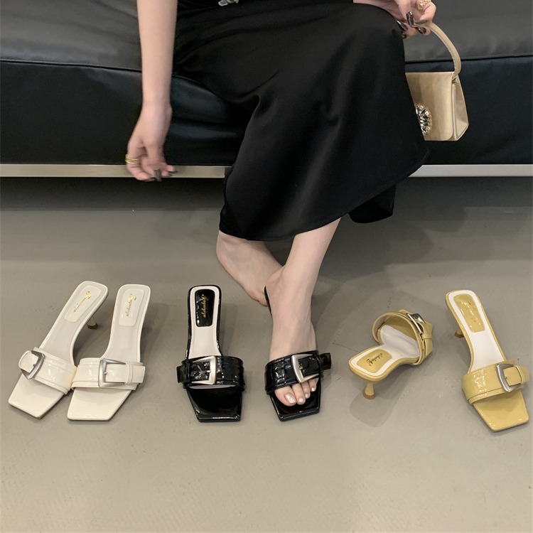 2025 Summer New Square Toe High Heel Slide Sandals for Women Roman Style Buckle Open Toe Mule Slippers