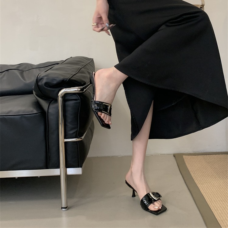 2025 Summer New Square Toe High Heel Slide Sandals for Women Roman Style Buckle Open Toe Mule Slippers - Image 4