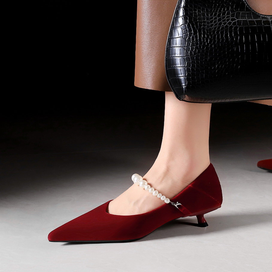 French Style Mary Jane Shoes Women's Pointed Toe Low Heel One-Strap Pearl Buckle Dress Shoes
