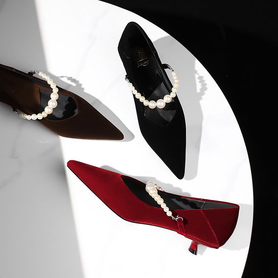 French Style Mary Jane Shoes Women's Pointed Toe Low Heel One-Strap Pearl Buckle Dress Shoes - Image 4