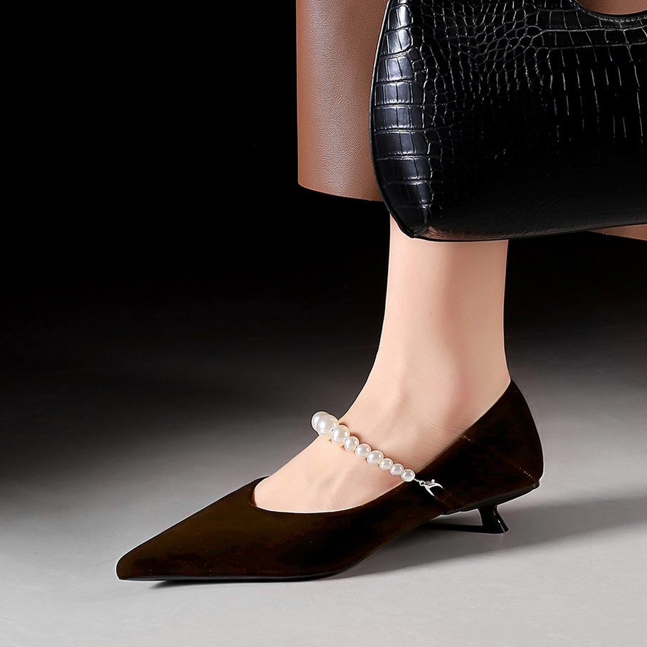 French Style Mary Jane Shoes Women's Pointed Toe Low Heel One-Strap Pearl Buckle Dress Shoes - Image 3