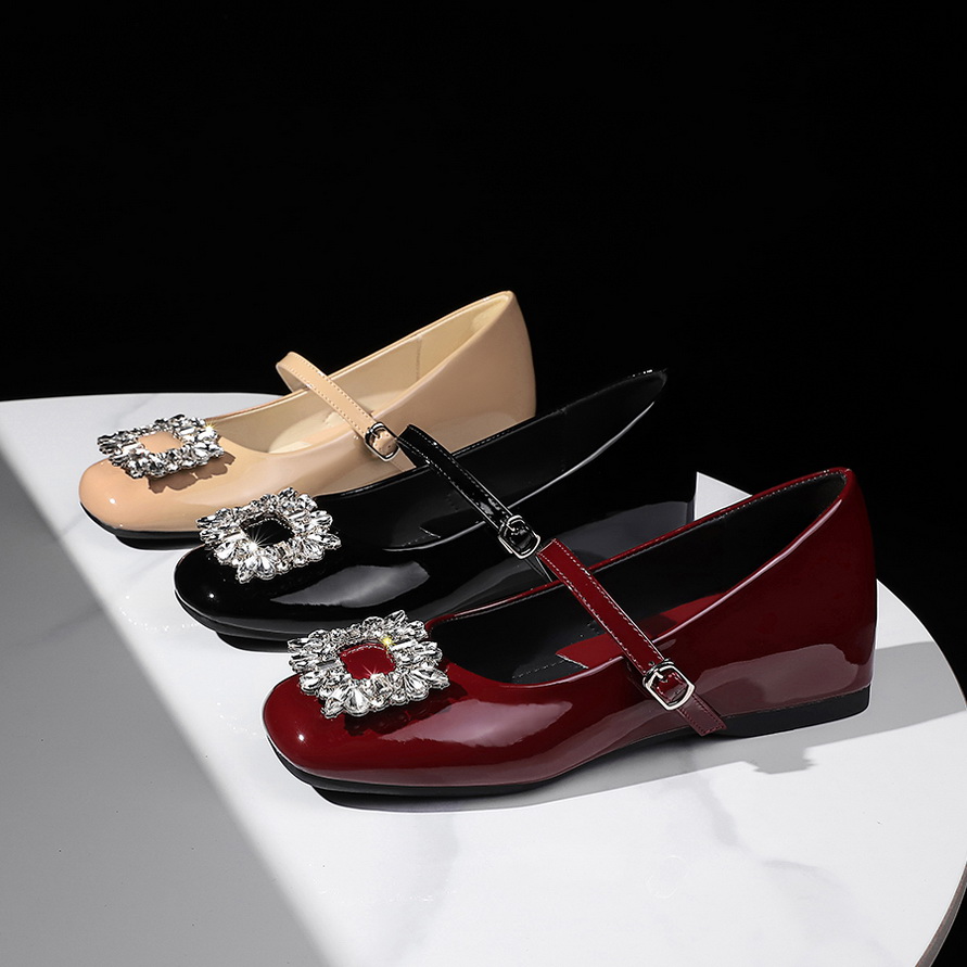 French Style Round Toe Shallow Mouth Rhinestone Square Buckle One-Strap Inner Height Women's Shoes