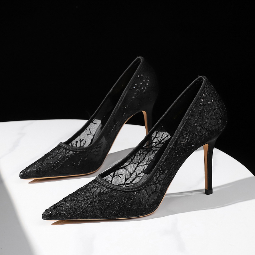 BIG WOOD Women's Lace Mesh High Heel Shoes Pointed Toe Shallow Mouth Thin Heel Fashion Single Shoes