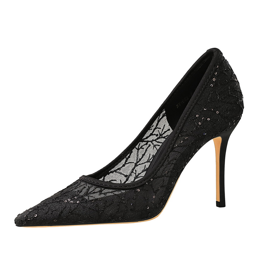 BIG WOOD Women's Lace Mesh High Heel Shoes Pointed Toe Shallow Mouth Thin Heel Fashion Single Shoes - Image 5
