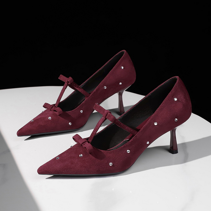 French Rhinestone Bow Velvet Stiletto Heels Women's Pointed Toe Ankle Strap Shoes