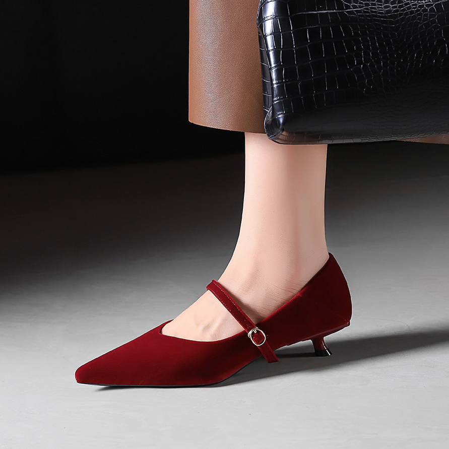 Korean Style Elegant Pointed Toe V-Cut Low Heel Shoes for Women - Suede Ankle Strap Flats