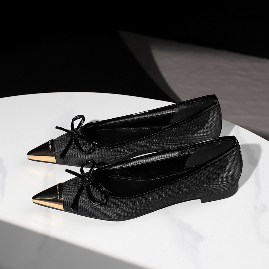 French Elegant Evening Breeze Metal Pointed Toe Bow Breathable Hollow Mesh Shallow Flat Single Shoes