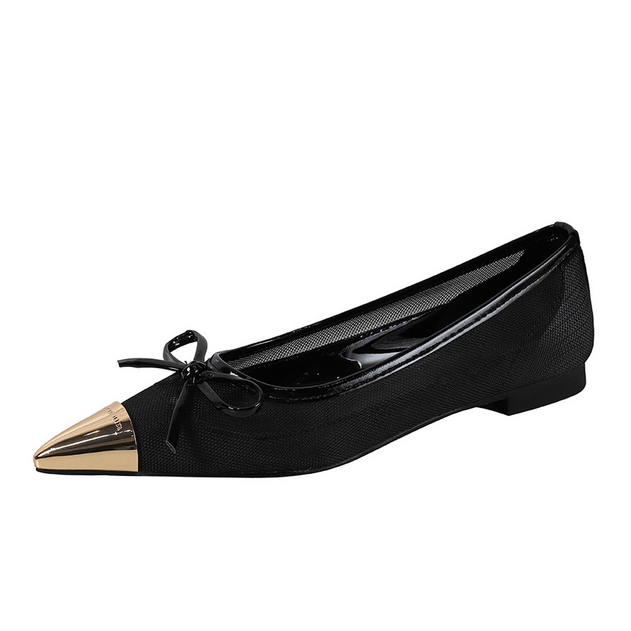 French Elegant Evening Breeze Metal Pointed Toe Bow Breathable Hollow Mesh Shallow Flat Single Shoes - Image 5