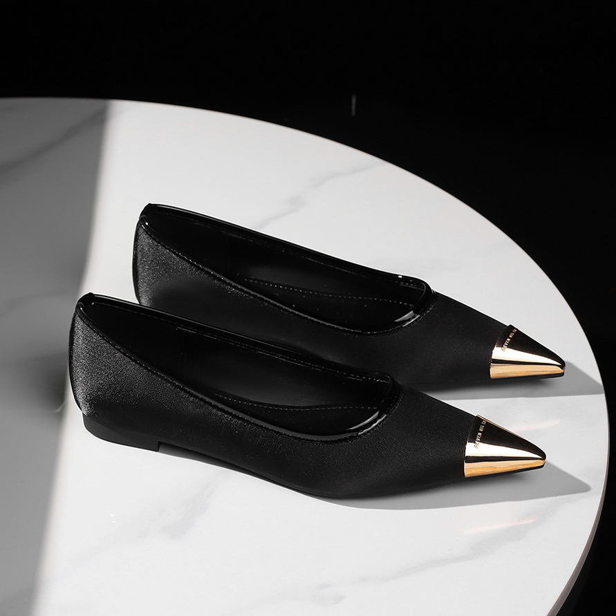 Korean Style Retro Satin Low Heel Women's Shoes Metal Pointed Toe Shallow Slip-On Comfortable Flats
