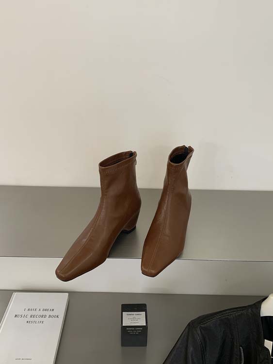 Early Autumn Square Toe Wedge Heel Short Boots Premium Slim Fit Brown Leather Back Zipper for Dresses and Wide Leg Jeans - Image 3
