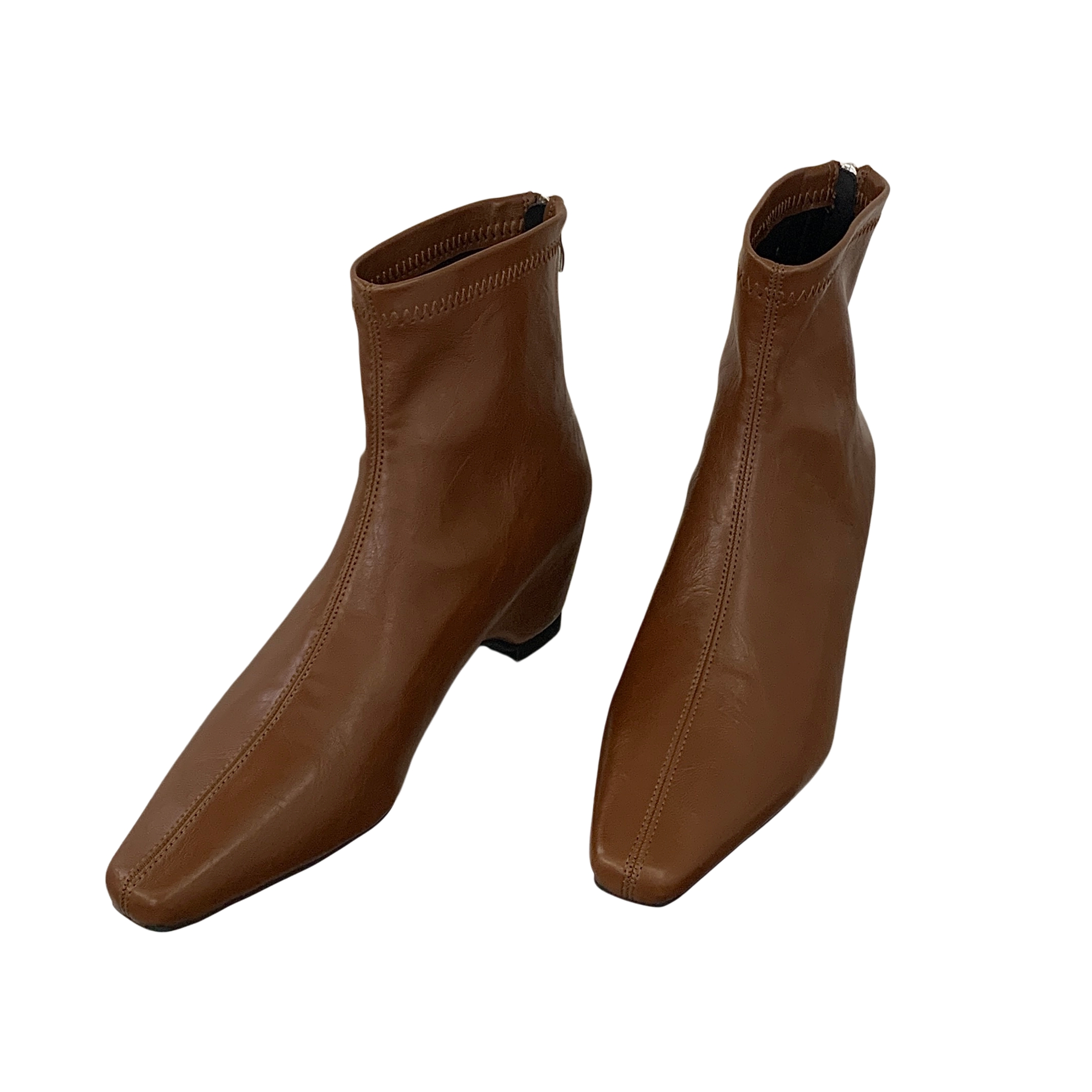 Early Autumn Square Toe Wedge Heel Short Boots Premium Slim Fit Brown Leather Back Zipper for Dresses and Wide Leg Jeans - Image 5