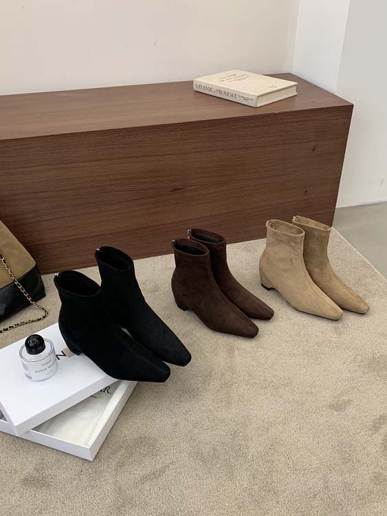 Early Autumn Square Toe Wedge Suede Ankle Boots High Sense Maillard Slimming Back Zipper with Dress Jeans Wide Leg Pants
