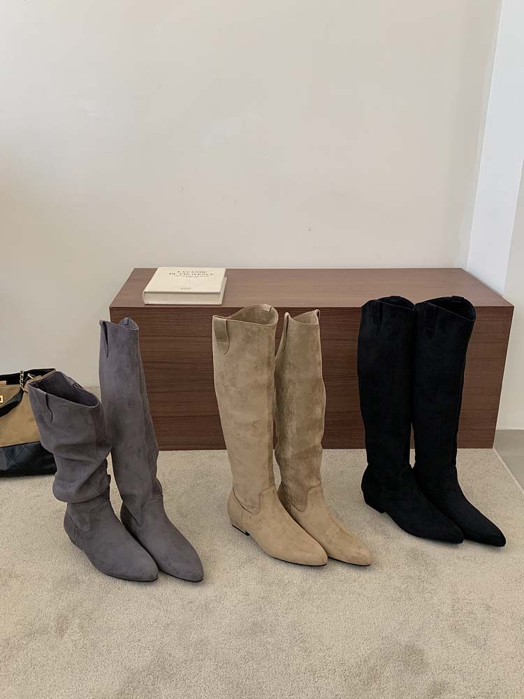2026 Autumn Winter Suede Pointed Toe Wedge Pull-On Tall Boots for Petite Women Over Knee Stacked Boots Commute Dress