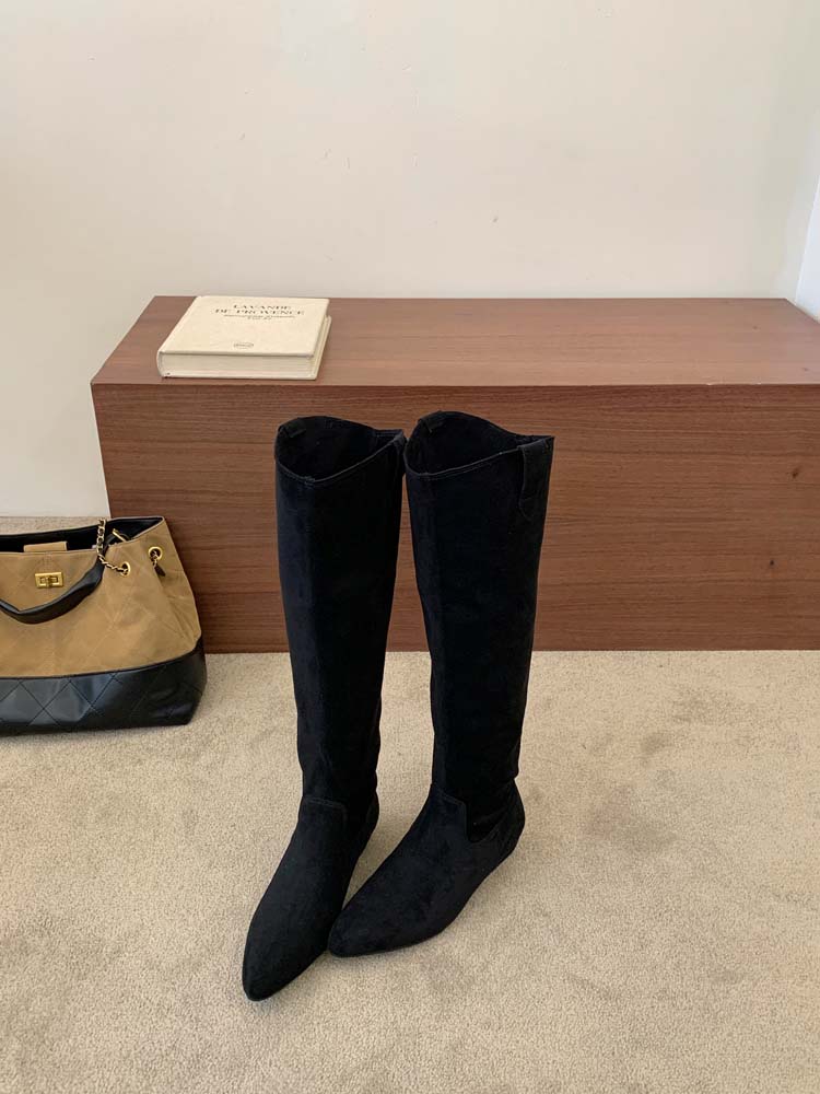 2026 Autumn Winter Suede Pointed Toe Wedge Pull-On Tall Boots for Petite Women Over Knee Stacked Boots Commute Dress - Image 3