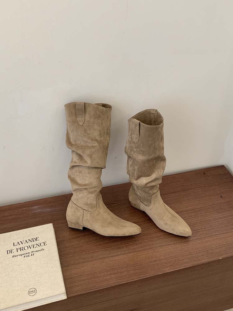 2026 Autumn Winter Suede Pointed Toe Wedge Pull-On Tall Boots for Petite Women Over Knee Stacked Boots Commute Dress - Image 4