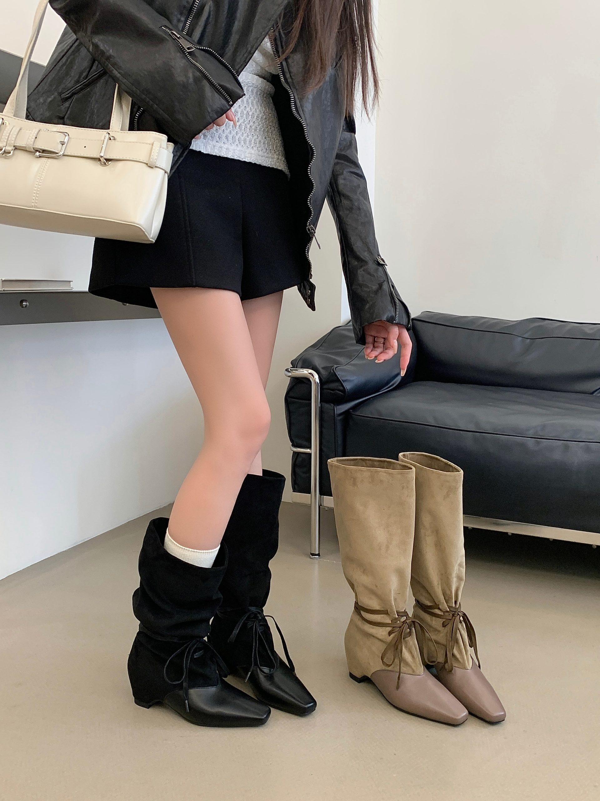 Retro Color Block Boots Women 2026 New Pointed Toe Wrinkled Stack Boots Western Cowboy Boots Slim Riding Boots - Style 5cdc27