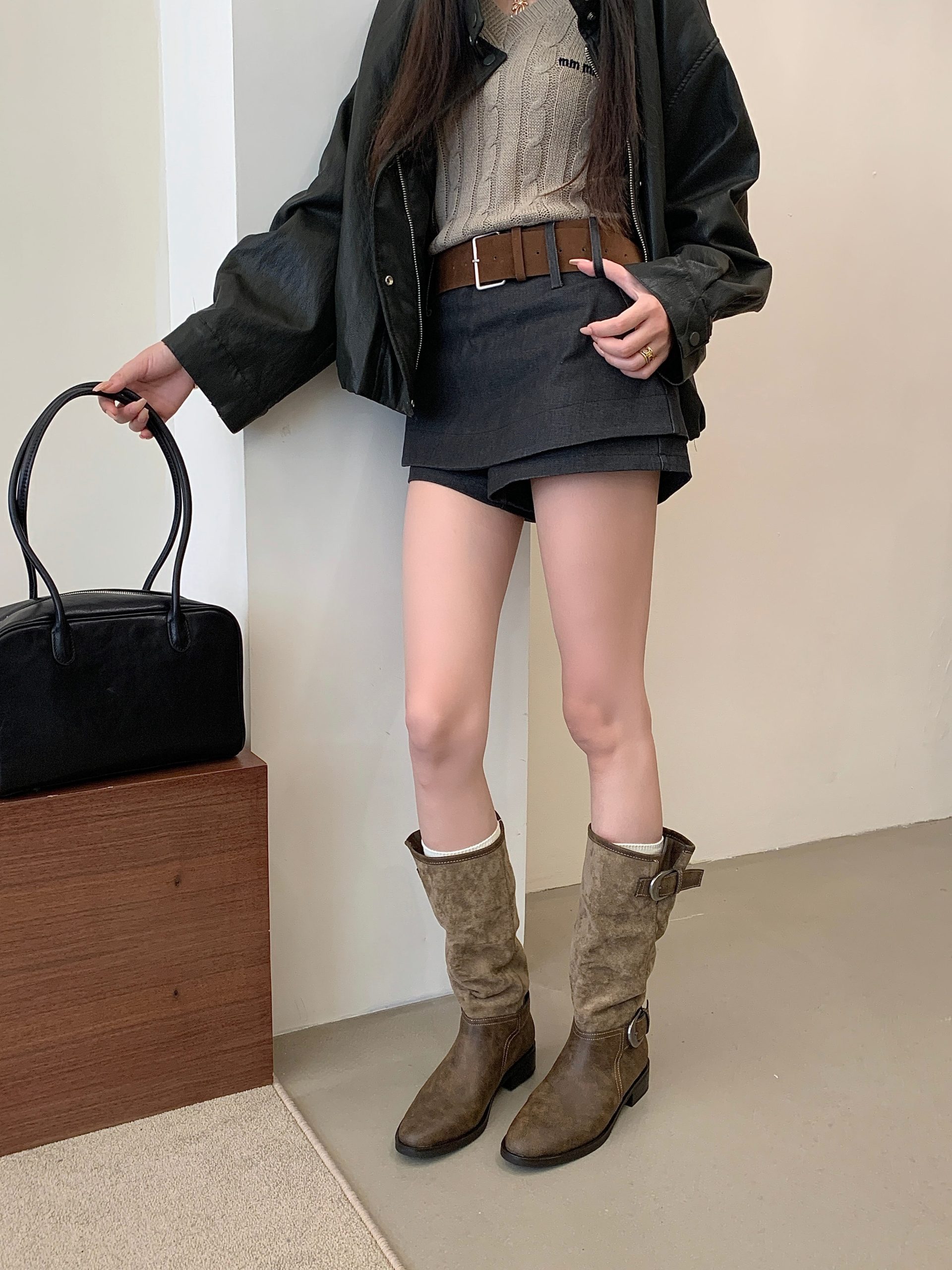 2026 Ma Sichun Same Style Mid-Calf Stacked Boots New Inner Height Increase Long Boots Martin Boots Genuine Leather Tall Riding Boots Women