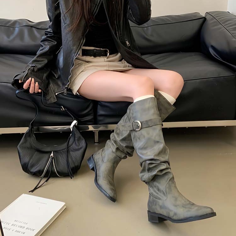 Korean Style Vintage Stacked Boots for Women with Buckle Mid Calf High Top Gray Xinjiang Long Boots - Image 3