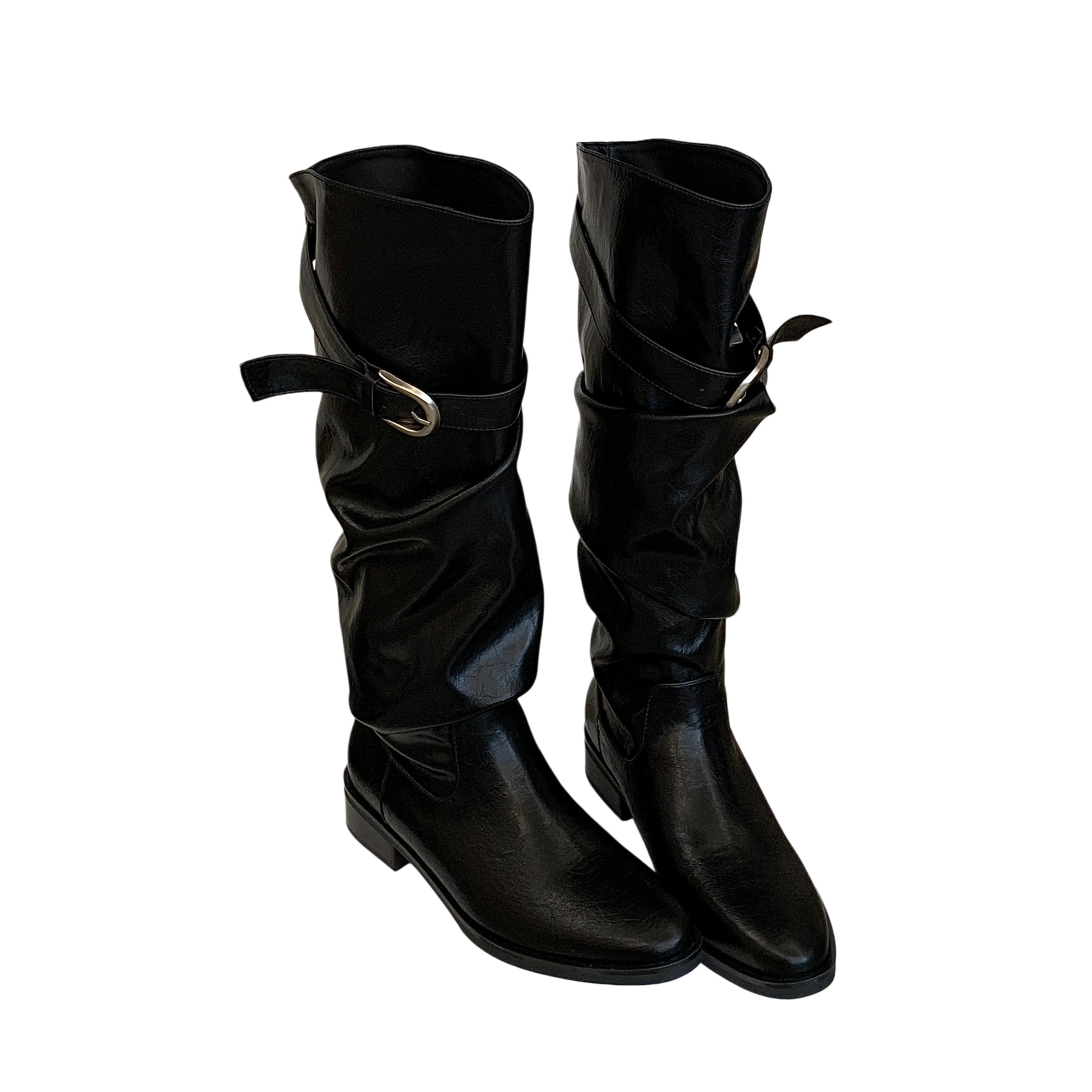 Korean Style Vintage Stacked Boots for Women with Buckle Mid Calf High Top Gray Xinjiang Long Boots - Image 5