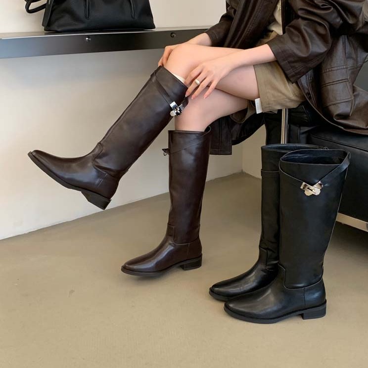 HMSZ Women's Chunky Heel Tall Boots 2026 Autumn Winter Square Toe Mid Calf Boots