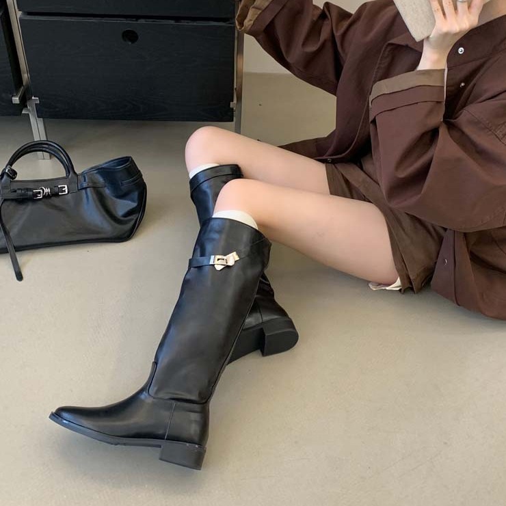 HMSZ Women's Chunky Heel Tall Boots 2026 Autumn Winter Square Toe Mid Calf Boots - Image 3
