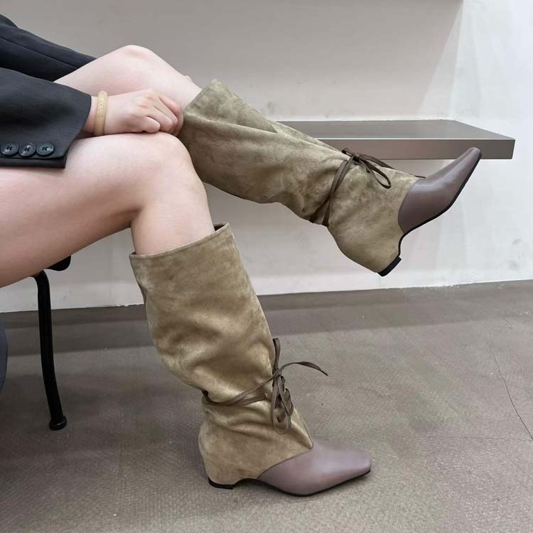 Retro Color Block Boots Women 2026 New Pointed Toe Wrinkled Stack Boots Western Cowboy Boots Slim Riding Boots - Style ad136b - Image 3