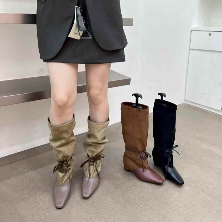 Retro Color Block Boots Women 2026 New Pointed Toe Wrinkled Stack Boots Western Cowboy Boots Slim Riding Boots - Style ad136b
